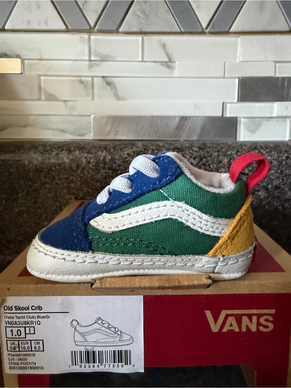 Vans Old Skool Crib Sneaker in Blue, Green & Yellow with Red Pull Tab